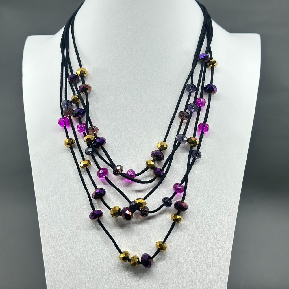 Multistrand Black Cord Necklace Purple Gold Faceted Beads Glam Statement Vintage